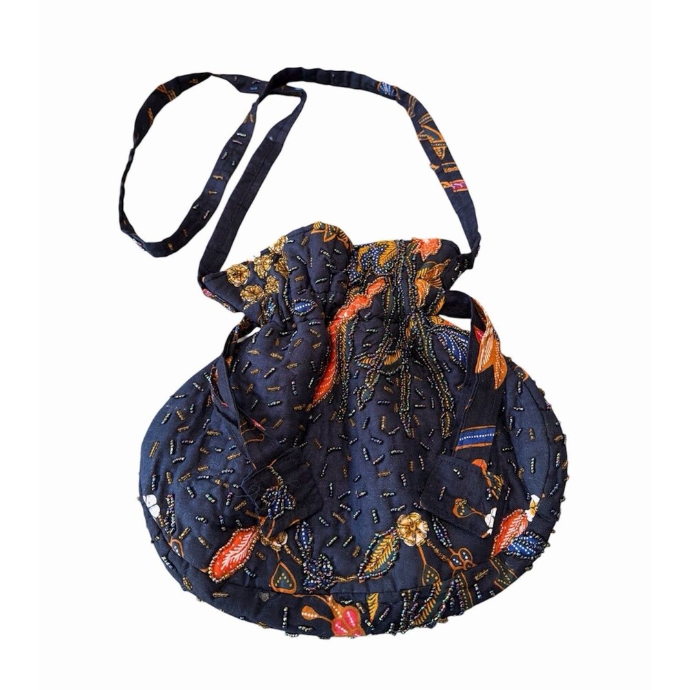 Vtg RAJA COLLECTION Bali Handmade Beaded Drawstring Bag Multi Black Crossbody